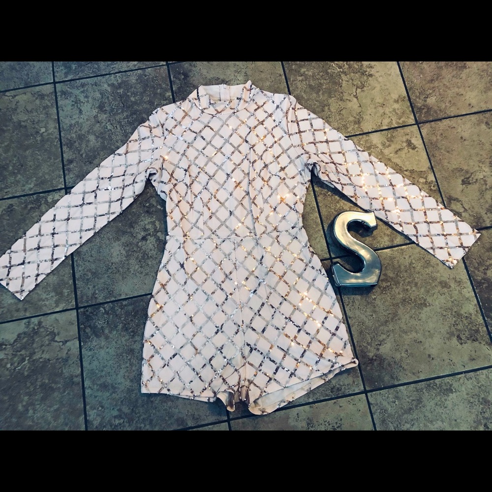 Short Sleeve Sequin Romper Gold & Pink
